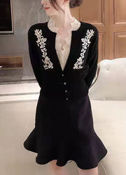 Italian Black Embroidered Button Patchwork Cotton Knit Cardigan Fall