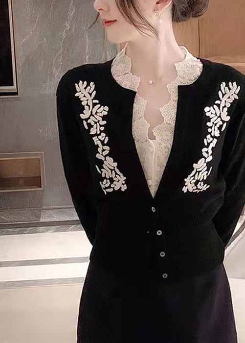 Italian Black Embroidered Button Patchwork Cotton Knit Cardigan Fall