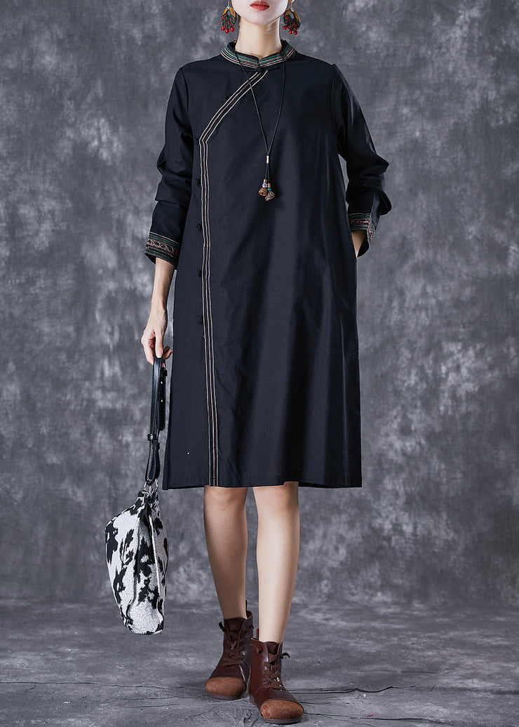Italian Black Embroidered Chinese Button Linen Dress Fall