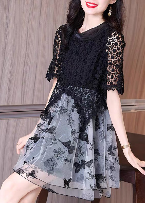 Italian Black Embroidered Hollow Out Lace Patchwork Tulle Dresses Summer