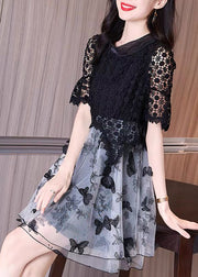 Italian Black Embroidered Hollow Out Lace Patchwork Tulle Dresses Summer