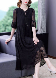 Italian Black Embroidered Lace Up Hollow Out Silk Dress Short Sleeve