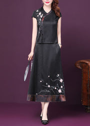 Italian Black Embroidered Patchwork Tops And Skirts Silk Two-Piece Summer