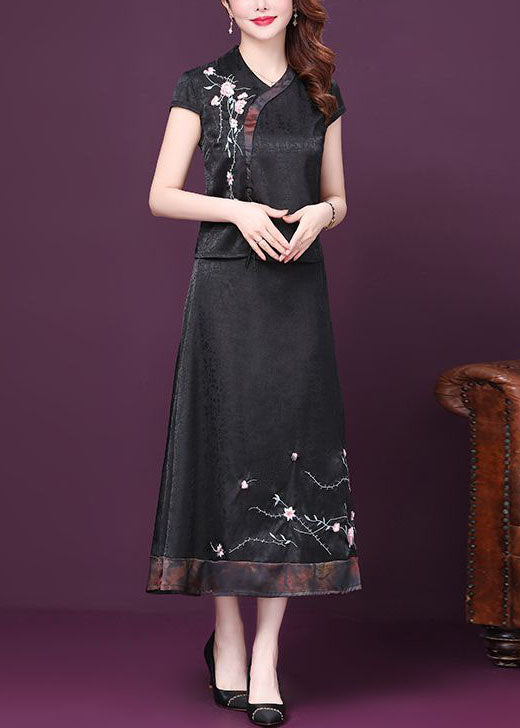 Italian Black Embroidered Patchwork Tops And Skirts Silk Two-Piece Summer