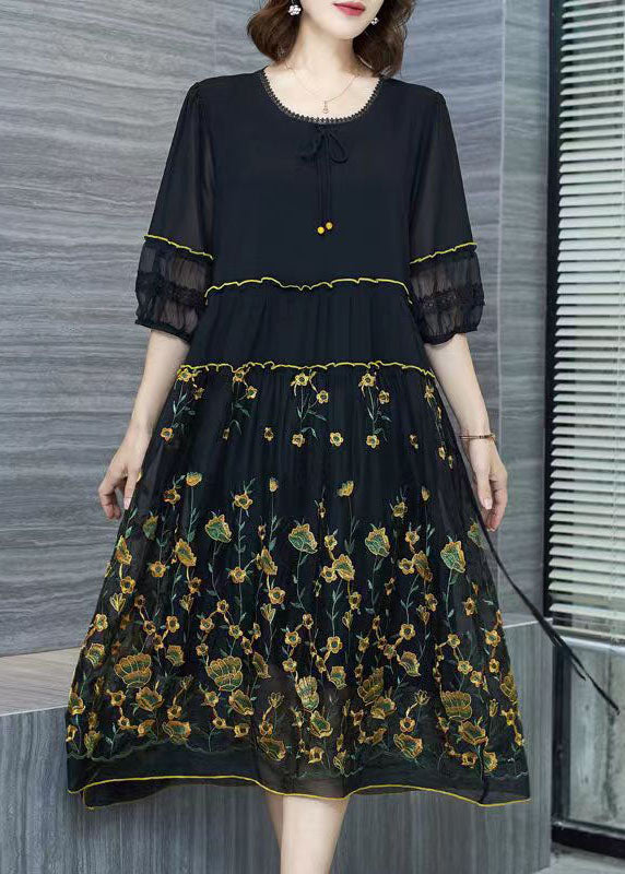 Italian Black Embroidered Wrinkled Patchwork Chiffon Dresses Summer