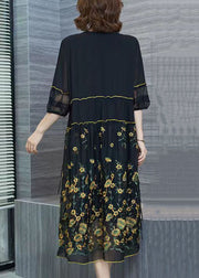 Italian Black Embroidered Wrinkled Patchwork Chiffon Dresses Summer
