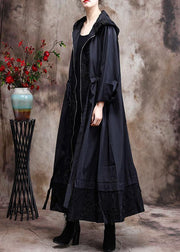 Italian Black Embroidery Plus Size Coat Hooded Maxi Coats - SooLinen