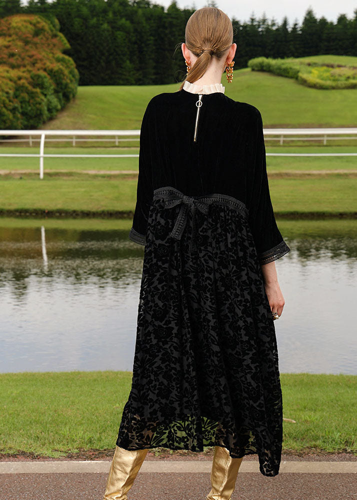 Italian Black Floral Embroidered Patchwork Silk Velour Dress Long Sleeve