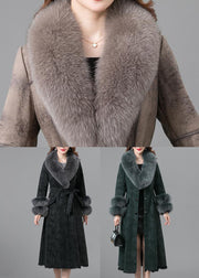 Italian Black Fox collar Sashes Pockets Leather And Fur Parka Winter