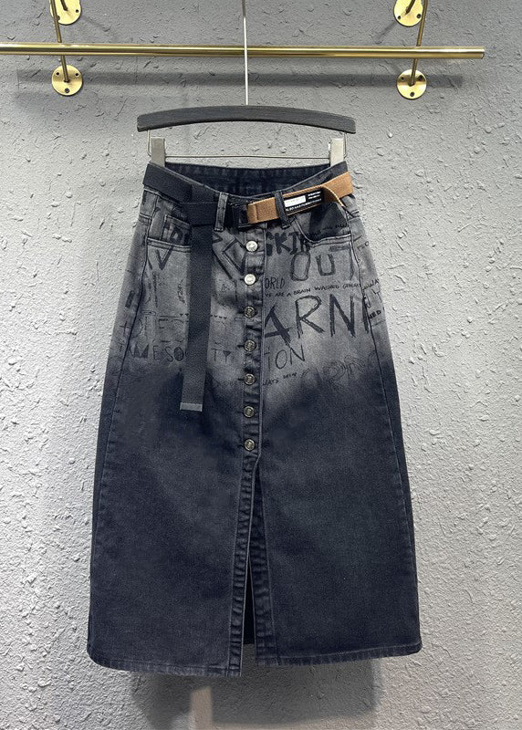 Italian Black Graphic Pockets Front Open Patchwork Denim Skirts Fall