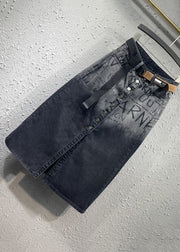 Italian Black Graphic Pockets Front Open Patchwork Denim Skirts Fall