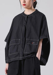 Italian Black Half Sleeve Cotton Shirt Top Summer - SooLinen