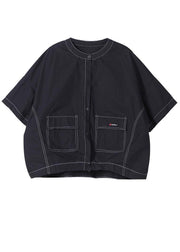 Italian Black Half Sleeve Cotton Shirt Top Summer - SooLinen