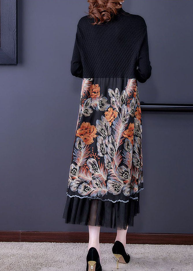 Italian Black High Neck Embroidered Patchwork Knit Long Dresses Long Sleeve
