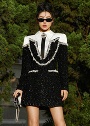 Italian Black High Waist Pearl Patchwork Cotton Mid Dress Long Sleeve