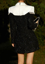 Italian Black High Waist Pearl Patchwork Cotton Mid Dress Long Sleeve