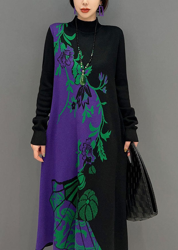 Italian Black Hign Neck Print Knit Sweater Dress Winter