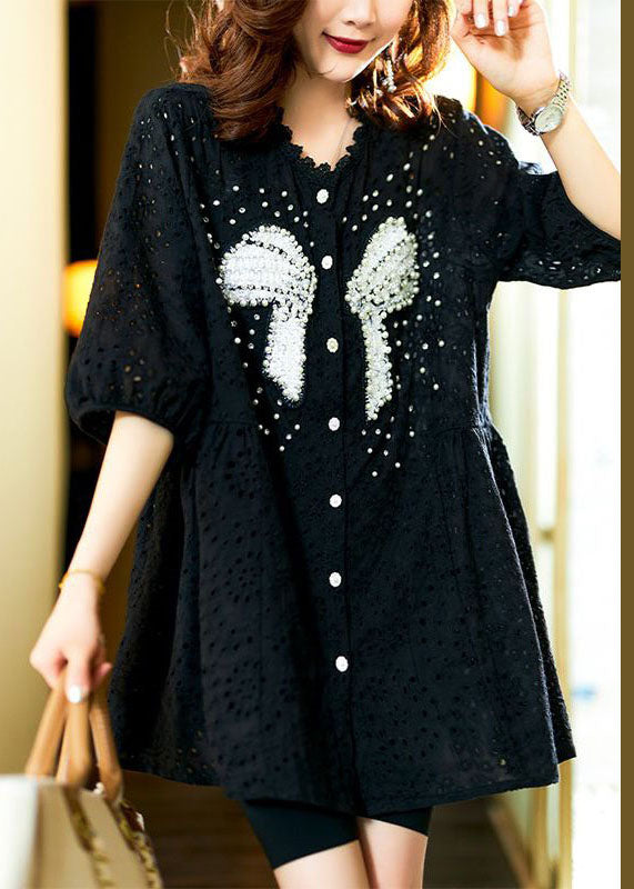 Italian Black Hollow Out Nail Bead Patchwork Cotton Shirt Top Summer