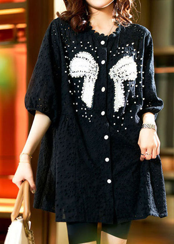 Italian Black Hollow Out Nail Bead Patchwork Cotton Shirt Top Summer