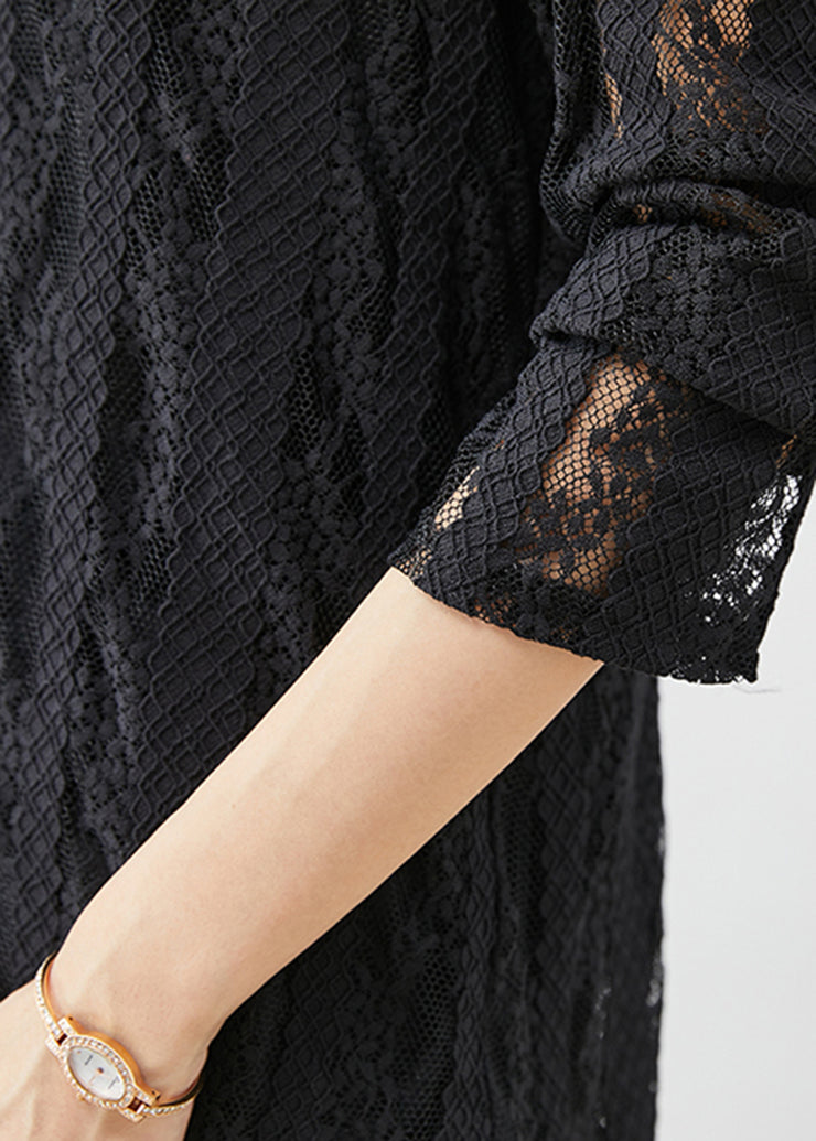 Italian Black Hollow Out Warm Fleece Lace Tops Fall
