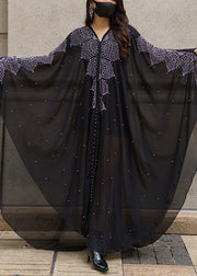 Italian Black Hooded Nail Bead Chiffon Maxi Dresses Spring