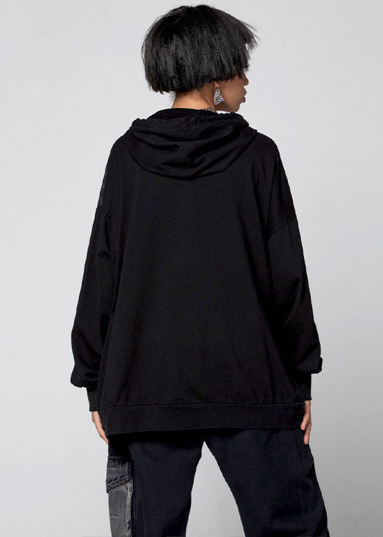 Italian Black Hooded Patchwork Cotton Loose Sweatshirts Top Spring