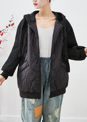 Italian Black Hooded Patchwork Fine Cotton Filled Jackets Winter