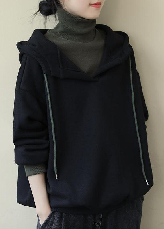 Italian Black Hooded Patchwork Fine Cotton Filled Sweatshirt Streetwear Spring
