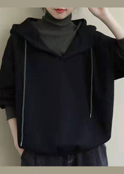 Italienisches schwarzes Kapuzen-Patchwork-Sweatshirt mit feiner Baumwolle, Streetwear-Frühling