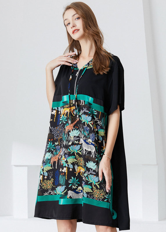 Italian Black Hooded Patchwork Print Chiffon Dress Summer