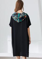 Italian Black Hooded Patchwork Print Chiffon Dress Summer