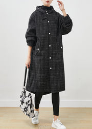 Italian Black Hooded Plaid Woolen Coat Outwear Spring