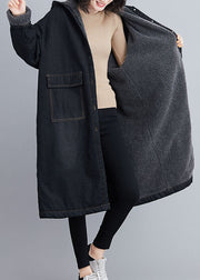 Italian Black Hooded Pockets Fleece Wool Lined Winter denim parka