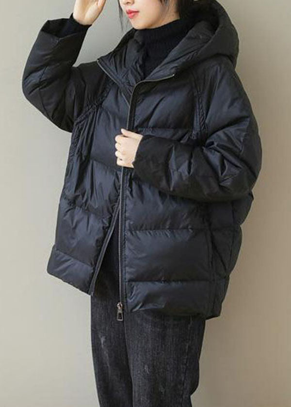 Italian Black Hooded Zip Up Fine Cotton Filled Parka Jacket Winter