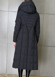 Italian Black Hooded Zippered Tie Waist Duck Down Down Coat Long Sleeve