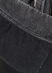 Italienischer schwarzer asymmetrischer Denim-Mantel mit Kapuze Frühling