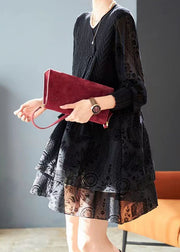 Italian Black Jacquard Patchwork False Two Pieces Knit Short Dress Spring