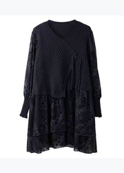 Italian Black Jacquard Patchwork False Two Pieces Knit Short Dress Spring