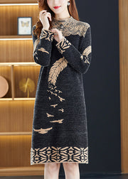 Italian Black Jacquard Patchwork Mink Hair Knitted Dresses Winter