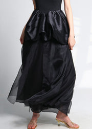 Italian Black Lace Up High Waist Tulle Skirt Summer