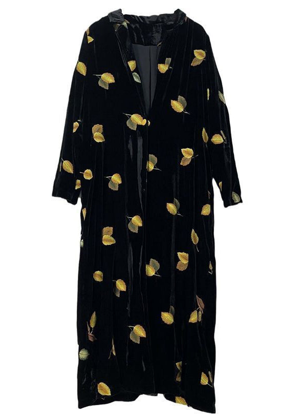 Italian Black Notched Embroidered Patchwork Silk Long Coat Long Sleeve