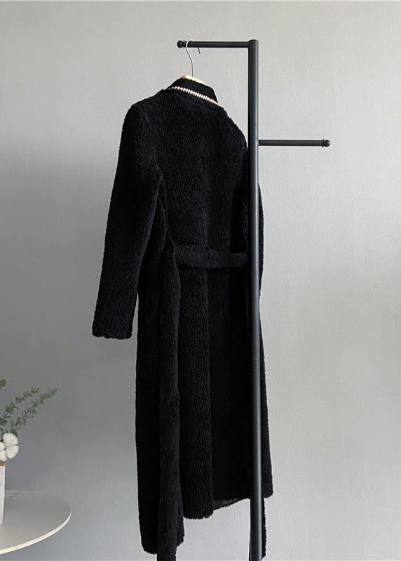 Italian Black Notched Pockets Tie Waist Woolen Coat Winter