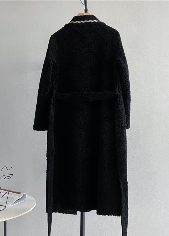 Italian Black Notched Pockets Tie Waist Woolen Coat Winter