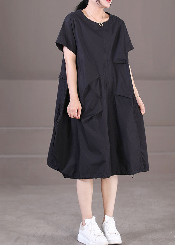 Italian Black O-Neck Drawstring Cotton Long Dress Short Sleeve