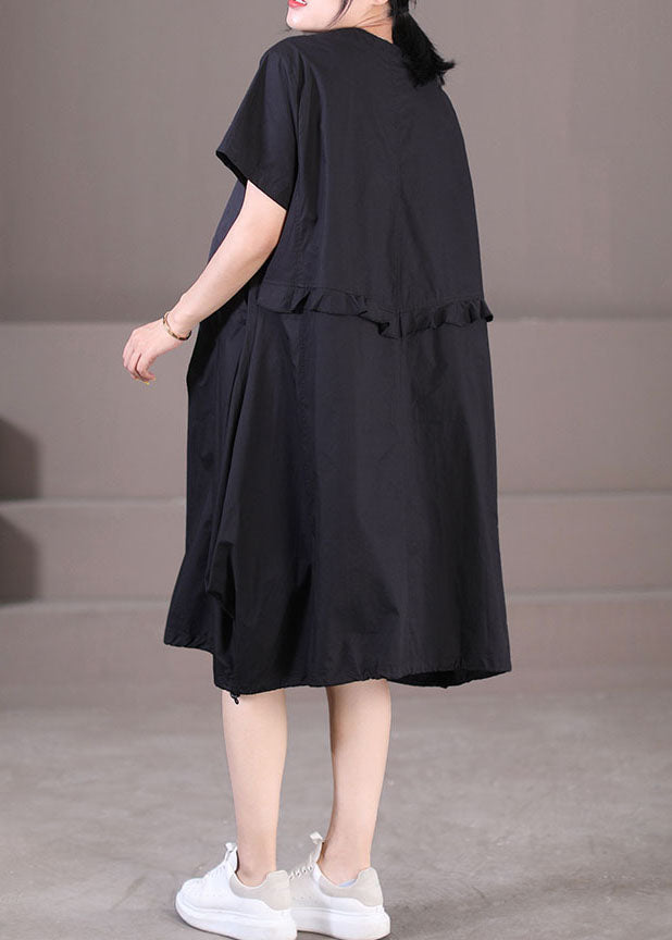 Italienisches schwarzes langes Kleid aus Baumwolle mit O-Ausschnitt und Kordelzug und kurzen Ärmeln