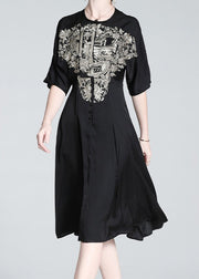 Italian Black O-Neck Embroidered Button Silk Long Dress Summer