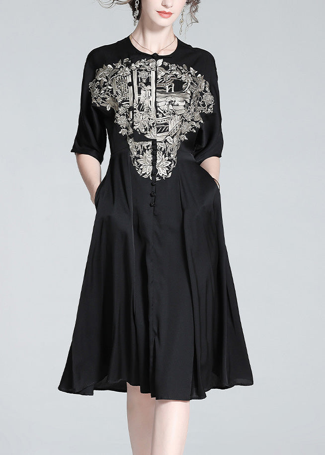 Italian Black O-Neck Embroidered Button Silk Long Dress Summer