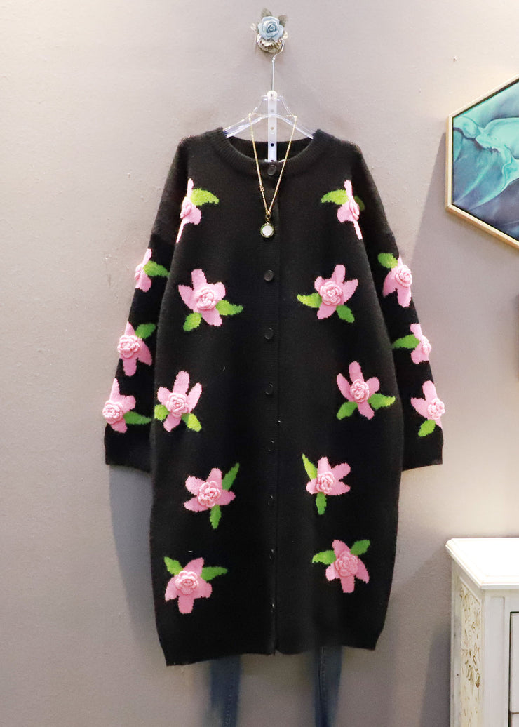 Italian Black O-Neck Floral Warm Knit Loose Cardigan Spring