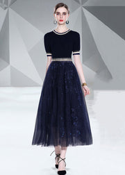 Italian Black O Neck Knit Tops And Tulle Skirts Embroidered  2 Piece Summer