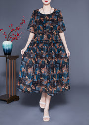 Italian Black O-Neck Oversized Print Silk Vaction Dress Summer